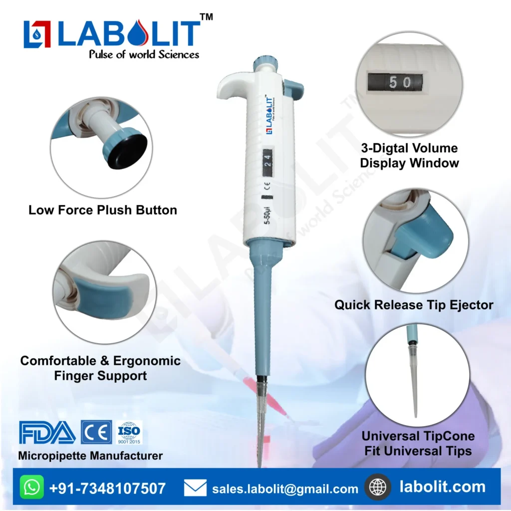 Fully Autoclave Micropipette, Semi Autoclave Micropipette, 5–50 µL Micropipette, 10–100 µL Micropipette, 100–1000 µL Micropipette, Micropipette Supplier India, Laboratory Micropipette Manufacturer Key Features of UMA Scientific Variable Volume Micropipettes