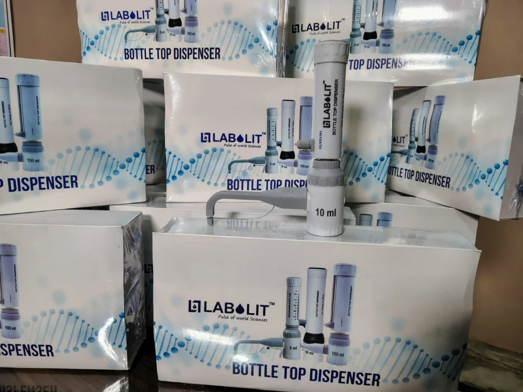 Bottle Top Dispenser – Accurate Liquid Handling Solution for Modern Laboratories 6 Boxes of bottle top dispensers stacked