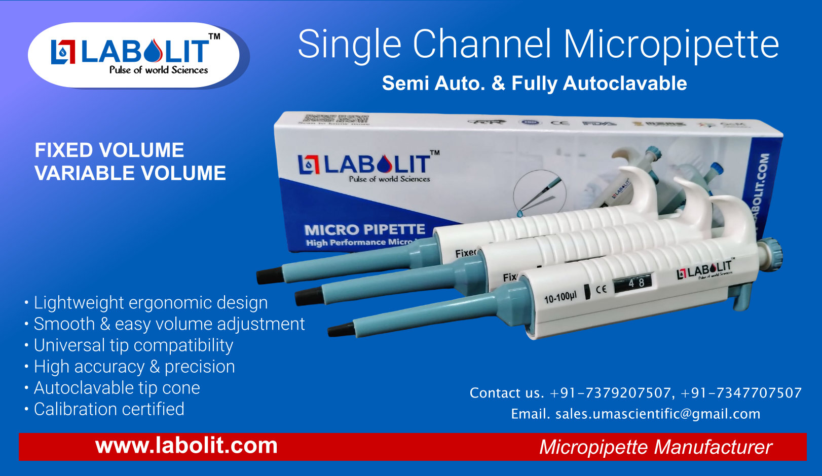 Single Channel Micropipette Manufacturer in India