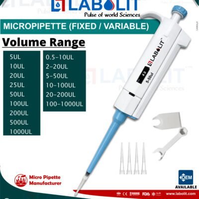 # Micropipette: Complete Guide to Precision Liquid Handling, Types, Applications, Selection, Operation and Maintenance In modern laboratories, **precision liquid handling** is one of the most important steps in obtaining reliable and reproducible results. Whether a laboratory is performing molecular biology experiments, pharmaceutical research, diagnostic testing, microbiology, biotechnology, food analysis or academic research, even a small error in liquid volume can influence the final outcome. A **micropipette** is a precision laboratory instrument specifically designed to aspirate and dispense small quantities of liquid, generally in the microliter range. It allows laboratory professionals to transfer measured volumes more conveniently and consistently than conventional droppers or measuring cylinders. The growing demand for accurate laboratory equipment has made micropipettes an essential product for research institutions, pharmaceutical companies, hospitals, diagnostic laboratories, universities, biotechnology companies and quality-control laboratories. **LABOLIT**, a laboratory equipment brand, offers micropipettes in **fixed-volume and variable-volume configurations**, with multiple volume ranges designed for different laboratory requirements. This comprehensive article explains the fundamentals of micropipettes, their types, working principles, components, applications, volume ranges, advantages, proper operating techniques, calibration, maintenance, common mistakes and important factors to consider before purchasing a micropipette. --- # What Is a Micropipette? A micropipette is a laboratory liquid-handling device used to accurately transfer small volumes of liquids. The word "micro" refers to the small volume capacity of the instrument. Volumes are commonly measured in **microliters (µL)**. For reference: **1,000 µL = 1 mL** Therefore: * 5 µL = 0.005 mL * 10 µL = 0.01 mL * 20 µL = 0.02 mL * 50 µL = 0.05 mL * 100 µL = 0.1 mL * 200 µL = 0.2 mL * 500 µL = 0.5 mL * 1000 µL = 1 mL Micropipettes are designed to provide controlled liquid transfer within a specified volume range. Depending on the model, a micropipette can be: * Fixed volume * Variable volume * Single channel * Multichannel * Manual * Electronic * Air displacement * Positive displacement * Autoclavable or partially autoclavable The correct type depends on the laboratory application. --- # Why Are Micropipettes Important in Laboratories? Many laboratory experiments use very small quantities of samples and reagents. For example, a molecular biology procedure may require only a few microliters of a particular reagent. Measuring such a volume using a conventional measuring cylinder would not provide the required level of control. Micropipettes allow laboratory professionals to transfer small volumes efficiently. They are used for: * DNA analysis * RNA analysis * PCR * qPCR * ELISA * Cell culture * Microbiology * Biochemistry * Pharmaceutical research * Clinical diagnostics * Sample preparation * Food testing * Environmental testing * Forensic science * Biotechnology * Academic research --- # LABOLIT Micropipette The LABOLIT micropipette shown in the supplied product image is designed for laboratory liquid-handling applications. The product is available in: ### Fixed Volume * 5 µL * 10 µL * 20 µL * 25 µL * 50 µL * 100 µL * 200 µL * 500 µL * 1000 µL ### Variable Volume * 0.5–10 µL * 2–20 µL * 5–50 µL * 10–100 µL * 20–200 µL * 100–1000 µL This range allows laboratories to select a pipette according to the volume requirements of their application. --- # Understanding Micropipette Volume Ranges Choosing the correct volume range is one of the most important decisions when purchasing a micropipette. A micropipette should be used only within its specified operating range. For example, a **5–50 µL micropipette** is designed for volumes within its specified 5–50 µL range. Similarly, a **100–1000 µL micropipette** is intended for larger liquid volumes within its operating range. Using the correct volume range can help improve liquid-handling consistency. --- # Fixed-Volume Micropipette A fixed-volume micropipette is designed to deliver one specific volume. Examples include: * 5 µL * 10 µL * 20 µL * 25 µL * 50 µL * 100 µL * 200 µL * 500 µL * 1000 µL Fixed-volume pipettes are particularly useful for laboratories that repeatedly perform procedures requiring the same liquid volume. ## Benefits of Fixed-Volume Micropipettes Fixed-volume pipettes can offer: * Simple operation * Fast repetitive pipetting * Consistent volume selection * Reduced volume-adjustment errors * Convenient operation for routine protocols If a laboratory repeatedly uses exactly 100 µL, for example, a fixed 100 µL micropipette can be a convenient option. --- # Variable-Volume Micropipette A variable-volume micropipette allows the operator to select different volumes within a specified range. For example: **5–50 µL** allows the user to adjust the volume according to the requirements of the laboratory procedure. Variable-volume micropipettes are highly useful in research laboratories because one instrument can support multiple procedures within its operating range. --- # Fixed vs Variable Micropipette | Feature | Fixed Volume | Variable Volume | | -------------------- | ----------------- | ------------------------------------ | | Volume selection | One volume | Multiple volumes | | Flexibility | Lower | Higher | | Repetitive work | Excellent | Excellent | | Multiple experiments | Limited | More flexible | | Adjustment required | Usually no | Yes | | Common use | Routine protocols | Research and general laboratory work | Both types have their own advantages. --- # Air-Displacement Micropipette The LABOLIT micropipette shown in the supplied product image is representative of the common manual **air-displacement micropipette** design. Air-displacement pipettes use an internal piston and an air column between the piston and liquid. When the plunger is pressed and released, the air volume changes, creating the pressure difference required to aspirate or dispense liquid. The general principle can be represented as: **Plunger movement → Piston movement → Air displacement → Pressure change → Liquid movement** Air-displacement pipettes are widely used because they are versatile and suitable for many routine laboratory applications. --- # Positive-Displacement Micropipettes Positive-displacement pipettes work differently from conventional air-displacement systems. The piston directly interacts with the liquid through the disposable tip or piston assembly. They may be useful for difficult liquids such as: * Highly viscous liquids * Volatile liquids * Liquids with unusual vapor pressure * Certain challenging laboratory reagents For routine aqueous laboratory liquids, air-displacement micropipettes are widely used. --- # Main Parts of a Micropipette Understanding the construction of a micropipette helps users operate and maintain it correctly. The LABOLIT micropipette shown in the supplied image includes several major components. These include: 1. Plunger Button 2. Plunger Shaft 3. Grippy 4. Tip Ejector 5. Display 6. Tip Ejector Collar 7. Tip Cone 8. Calibration Tool Each component has a specific role. --- # 1. Plunger Button The **plunger button** is positioned at the top of the micropipette. It is operated by the user's thumb. Pressing the plunger activates the internal piston mechanism. Most conventional manual micropipettes have two distinct plunger positions: ### First Stop The first stop is used for controlled aspiration and dispensing of the selected volume. ### Second Stop The second stop can be used during the final dispensing or blow-out stage to help expel residual liquid from the tip. The user should operate the plunger smoothly rather than pressing it suddenly. --- # 2. Plunger Shaft The plunger shaft connects the plunger mechanism with the internal operating system. When the plunger button is moved, the plunger shaft transfers the mechanical movement into the piston mechanism. This contributes to controlled liquid aspiration and dispensing. --- # 3. Grippy The **grippy** provides finger support and contributes to ergonomic handling. A comfortable grip is important because laboratory users may perform hundreds of pipetting operations during a working day. An ergonomic pipette can help reduce: * Hand fatigue * Finger strain * Wrist discomfort * Repetitive stress --- # 4. Tip Ejector The **tip ejector** is used to remove the disposable pipette tip. Instead of manually pulling the tip from the tip cone, the operator can activate the tip ejector mechanism. This is useful for: * Contamination control * Convenient operation * Safer tip disposal * Faster laboratory workflow --- # 5. Display The display indicates the selected volume on adjustable micropipettes. For example, the supplied LABOLIT product image shows a variable-volume pipette marked: **5–50 µL** The operator should always check the displayed volume before starting the procedure. --- # 6. Tip Ejector Collar The tip ejector collar is positioned around the lower section of the micropipette body. It forms part of the tip-ejection mechanism and helps transfer movement from the ejector system to the disposable pipette tip. --- # 7. Tip Cone The tip cone is the lower connection section of the micropipette. The disposable pipette tip is attached to the tip cone. A good connection between the tip and tip cone is important because poor fitting may result in: * Air leakage * Liquid leakage * Inconsistent aspiration * Incorrect dispensing * Tip detachment --- # 8. Calibration Tool The calibration tool shown with the LABOLIT micropipette is intended for appropriate calibration or adjustment procedures where supported by the product design. Calibration adjustments should be performed by trained or authorized personnel according to the manufacturer's instructions and applicable laboratory requirements. --- # How Does a Micropipette Work? The working principle of a conventional air-displacement micropipette involves the controlled movement of a piston. The piston changes the volume of air inside the pipette. When the plunger is operated, pressure inside the system changes. This pressure difference allows liquid to enter the disposable tip during aspiration. When the plunger is pressed during dispensing, the pressure changes in the opposite direction and the liquid is expelled. The complete process involves: **Volume setting → Plunger operation → Piston movement → Pressure change → Liquid aspiration → Liquid dispensing** --- # Step-by-Step Guide to Using a Micropipette Correct technique is essential for achieving consistent results. ## Step 1: Select the Correct Pipette First determine the volume required for your procedure. Then select a micropipette whose specified range covers the required volume. --- ## Step 2: Set the Volume Adjust the volume mechanism until the required volume appears on the display. Never force the volume adjustment beyond the specified range. --- ## Step 3: Select the Correct Tip Choose a compatible pipette tip. The tip should fit securely onto the tip cone. --- ## Step 4: Attach the Tip Press the pipette tip onto the tip cone using appropriate pressure. Do not apply excessive force. --- ## Step 5: Press to the First Stop Press the plunger smoothly until the first stop. --- ## Step 6: Immerse the Tip Place the tip into the liquid at an appropriate immersion depth. Do not unnecessarily immerse the tip deeply. --- ## Step 7: Aspirate Slowly release the plunger to aspirate the liquid. Smooth operation is important. --- ## Step 8: Pause Allow a short pause after aspiration where appropriate. --- ## Step 9: Move to the Receiving Container Transfer the micropipette to the destination vessel without touching the tip against unwanted surfaces. --- ## Step 10: Dispense Press the plunger smoothly. Depending on the technique and application, the second stop may be used for the final blow-out. --- ## Step 11: Eject the Tip Activate the tip ejector to release the used tip. Dispose of the tip appropriately. --- # Micropipetting Technique Good technique is one of the most important factors affecting pipette performance. The following practices can help improve consistency: * Hold the pipette appropriately. * Use the correct pipette range. * Use compatible tips. * Operate the plunger slowly. * Maintain consistent immersion depth. * Avoid unnecessary tip contact. * Dispense smoothly. * Change tips between samples where required. * Keep the pipette clean. * Follow calibration procedures. --- # Why Tip Immersion Depth Matters When using an air-displacement pipette, the depth at which the tip is immersed can influence aspiration. If the tip is inserted too deeply: * More liquid may adhere to the outside. * Hydrostatic effects may influence aspiration. * Contamination risk may increase. If the tip is inserted too shallowly: * Air may be aspirated. * The intended volume may not be transferred correctly. Therefore, maintaining an appropriate and consistent immersion depth is important. --- # Why Pipette Angle Matters During aspiration, the micropipette should generally be held in a consistent and appropriate orientation. An excessive angle can change the relationship between the tip, liquid and air column. Consistent technique improves repeatability. --- # Pre-Wetting Pipette Tips Pre-wetting can be useful for certain applications. It involves aspirating and dispensing the same liquid before taking the final sample. This can help condition the tip and may improve consistency for certain liquids. However, pre-wetting should be applied according to the specific liquid and laboratory procedure. --- # Pipetting Water-Based Liquids Water-like solutions are generally straightforward for air-displacement micropipettes. Examples include: * Buffers * Dilute aqueous solutions * Many laboratory reagents * Water * Certain biological samples Correct pipetting technique remains important even for simple liquids. --- # Pipetting Viscous Liquids Viscous liquids behave differently from water. Examples include: * Glycerol-rich solutions * Concentrated protein solutions * Certain oils * Thick biological solutions These liquids may require slower aspiration and dispensing. In some cases, reverse pipetting or positive-displacement technology may be more appropriate. --- # Pipetting Volatile Liquids Volatile liquids can evaporate rapidly. Because air-displacement pipettes contain an air column, vapor pressure may influence performance. For volatile liquids, the laboratory should use an appropriate technique or pipette technology recommended for the application. --- # Micropipette Accuracy Accuracy is an important characteristic of a laboratory micropipette. Accuracy refers to how close the delivered volume is to the intended or reference volume. For example, if a pipette is set to deliver a specified volume, its actual delivery should be evaluated against the relevant performance specification. Accuracy should be verified using appropriate calibration or testing procedures. --- # Micropipette Precision Precision refers to the closeness of repeated measurements to one another. For example, if a pipette repeatedly delivers nearly the same volume, it demonstrates good repeatability. A pipette should ideally provide both: **Accuracy + Precision** These two characteristics are essential for reliable laboratory liquid handling. --- # Accuracy vs Precision Consider the following example. A pipette repeatedly delivers: 99.8 µL, 99.9 µL and 100.0 µL This demonstrates good repeatability around the intended 100 µL value. However, if a pipette repeatedly delivers: 97 µL, 97.1 µL and 97.2 µL the measurements may be consistent with one another but are not close to the intended 100 µL. This illustrates the difference between precision and accuracy. --- # Micropipette Calibration Calibration is the process of checking and, where applicable, adjusting a pipette to ensure that its performance is within the required limits. Calibration is especially important in: * Pharmaceutical laboratories * Clinical laboratories * Research laboratories * Biotechnology * Quality-control laboratories * Accredited laboratories * Diagnostic facilities The calibration procedure should be performed according to applicable standards, manufacturer recommendations and laboratory quality procedures. --- # ISO 8655 and Pipette Performance The **ISO 8655** series provides important requirements and test methods for piston-operated volumetric apparatus. Laboratories should use the relevant standard and their own quality procedures when establishing pipette verification and calibration programs. Calibration documentation can be particularly important for regulated environments. --- # Gravimetric Calibration of Micropipettes One commonly used approach for evaluating pipette performance is gravimetric testing. In a controlled environment, a defined volume of water is dispensed and its mass is measured. The measured mass can then be converted to volume using appropriate corrections. Factors such as: * Water temperature * Air temperature * Atmospheric pressure * Evaporation * Water density may need to be considered. Formal calibration should be carried out by trained personnel using suitable equipment and procedures. --- # How Often Should a Micropipette Be Calibrated? There is no single universal interval suitable for every laboratory. Calibration frequency can depend on: * Frequency of use * Type of application * Required accuracy * Regulatory requirements * Manufacturer recommendations * Previous calibration results * Laboratory quality system A pipette used heavily for critical testing may require more frequent verification than a pipette used occasionally for educational work. --- # Micropipette Maintenance Routine maintenance helps preserve pipette performance. Important maintenance activities may include: * External cleaning * Inspection * Tip cone inspection * Plunger inspection * Tip ejector inspection * Seal inspection * Calibration * Replacement of worn parts * Proper storage The exact maintenance procedure depends on the pipette model. --- # Cleaning a Micropipette A general cleaning process may include: 1. Remove the disposable tip. 2. Inspect the pipette. 3. Clean the external surface using a compatible cleaning method. 4. If required, disassemble permitted components. 5. Clean contaminated parts according to manufacturer instructions. 6. Dry appropriately. 7. Reassemble. 8. Verify performance where necessary. Do not use cleaning chemicals that may damage the pipette materials. --- # Pipette Storage Proper storage is often underestimated. A micropipette should preferably be stored on a suitable pipette stand. A stand can help prevent: * Accidental falls * Bench contamination * Tip cone damage * Unnecessary contact with laboratory surfaces For laboratories using multiple pipettes, a dedicated pipette stand can improve organization. --- # Common Micropipette Problems ## Liquid Leakage Possible causes may include: * Poorly fitted tip * Damaged tip * Damaged seal * Incorrect assembly * Contamination --- ## Inconsistent Volume Possible causes include: * Incorrect pipetting technique * Poor tip fit * Calibration issues * Damaged internal components * Temperature effects * Liquid properties --- ## Difficult Plunger Movement Possible causes may include: * Contamination * Mechanical wear * Incorrect assembly * Damaged internal components --- ## Tip Ejector Not Working Possible causes may include: * Mechanical obstruction * Incorrect assembly * Damaged ejector mechanism --- # When Should a Micropipette Be Serviced? A micropipette should be inspected or serviced if: * It has been dropped. * The plunger behaves abnormally. * Liquid leakage occurs. * Tip attachment becomes unreliable. * Volume performance is questionable. * Calibration results fall outside acceptable limits. * The ejector mechanism becomes difficult to operate. * Internal contamination is suspected. --- # Micropipette Tips and Their Importance A micropipette tip is not simply an accessory. It is a critical part of the liquid-handling system. The quality and compatibility of the tip can affect: * Aspiration * Dispensing * Leakage * Sample retention * Contamination * Reproducibility Always use suitable tips for the micropipette. --- # Standard Pipette Tips Standard tips are commonly used for routine laboratory applications. They are suitable for many: * Aqueous solutions * Buffers * Reagents * Samples The exact tip size should match the micropipette. --- # Filter Pipette Tips Filter tips contain a barrier designed to reduce aerosol movement into the pipette. They can be useful for applications where contamination control is important, such as: * PCR * Molecular biology * DNA work * RNA work * Clinical laboratory procedures --- # Sterile Pipette Tips Sterile tips are commonly used where microbiological or biological contamination must be controlled. Examples include: * Cell culture * Molecular biology * Biotechnology * Clinical research --- # Low-Retention Pipette Tips Low-retention tips are designed to minimize liquid remaining on the inner wall of the tip. They can be beneficial when handling: * Proteins * Expensive reagents * Small volumes * Viscous samples --- # Single-Channel Micropipette A single-channel micropipette transfers liquid through one tip. It is one of the most widely used pipette configurations. Applications include: * Individual sample handling * Reagent transfer * PCR * DNA extraction * Biochemistry * Microbiology * Research --- # Multichannel Micropipette Multichannel micropipettes contain multiple tip channels. Common configurations include: * 8-channel * 12-channel They are particularly useful when working with microplates. Applications include: * ELISA * High-throughput screening * Microplate assays * Molecular biology * Research laboratories --- # Micropipettes in PCR PCR is one of the most common applications for small-volume micropipettes. PCR reactions may require carefully measured amounts of: * Template DNA * Primers * Polymerase * Buffer * Nucleotides * Water A pipette with a suitable small-volume range can help ensure consistent reagent transfer. --- # Micropipettes in Molecular Biology Molecular biology frequently requires precise transfer of very small liquid volumes. Micropipettes are used during: * DNA extraction * RNA extraction * PCR * qPCR * Gel-related sample preparation * Reagent preparation * Nucleic acid workflows Because contamination can compromise experiments, appropriate tips and good laboratory practices are important. --- # Micropipettes in Pharmaceutical Research Pharmaceutical laboratories use micropipettes in: * Drug discovery * Formulation research * Quality control * Sample preparation * Analytical development * Research and development Precision liquid handling contributes to reproducible laboratory workflows. --- # Micropipettes in Diagnostic Laboratories Diagnostic laboratories may use micropipettes for: * Sample preparation * Reagent addition * Immunoassays * Molecular diagnostics * Biochemistry * Research Because diagnostic workflows may have strict quality requirements, appropriate pipette calibration and documentation can be important. --- # Micropipettes in Biotechnology Biotechnology laboratories rely heavily on precise liquid handling. Applications may include: * Cell biology * Genetic research * Protein research * Microbiology * Molecular biology * Sample preparation --- # Micropipettes in Microbiology Microbiology laboratories use micropipettes for transferring: * Culture samples * Reagents * Buffers * Antibiotic solutions * Microbial suspensions * Test samples Sterile tips and appropriate laboratory procedures help minimize contamination. --- # Micropipettes in Food Testing Food and beverage laboratories use micropipettes for: * Sample preparation * Chemical analysis * Microbiological testing * Reagent dispensing * Quality control Precise liquid transfer can contribute to reliable analytical workflows. --- # Micropipettes in Environmental Laboratories Environmental testing laboratories may use micropipettes for: * Water testing * Soil extract preparation * Chemical analysis * Microbiological testing * Reagent preparation The correct pipette range depends on the testing method. --- # Micropipettes in Forensic Laboratories Forensic laboratories may use micropipettes for small-volume sample preparation and molecular analysis. Applications can include: * DNA analysis * Biological sample preparation * Reagent transfer * Molecular testing Because forensic samples can be limited, careful liquid handling is especially important. --- # Micropipettes in Academic Research Universities and colleges use micropipettes in: * Biology * Biochemistry * Biotechnology * Microbiology * Chemistry * Molecular biology Micropipette training is an important part of laboratory education. --- # Importance of Ergonomic Micropipette Design Laboratory professionals may perform repetitive pipetting tasks for extended periods. An ergonomic micropipette can help make these tasks more comfortable. Useful ergonomic characteristics include: * Comfortable grip * Smooth plunger movement * Convenient tip ejection * Balanced design * Easy volume adjustment * Low operating effort Ergonomics can be especially important for high-throughput laboratory environments. --- # How to Choose the Right Micropipette Before purchasing a micropipette, evaluate the following: ## Volume Requirement Identify the minimum and maximum volumes required. ## Fixed or Variable Choose fixed volume for repetitive single-volume work. Choose variable volume for flexibility. ## Single or Multichannel Select single-channel for individual samples. Select multichannel for microplates and high-throughput work. ## Accuracy Requirement Consider the accuracy required by your application. ## Tip Compatibility Confirm that suitable tips are available. ## Sterility Determine whether sterile or filtered tips are required. ## Autoclavability Consider autoclavability if your laboratory requires it. ## Calibration Check calibration and service support. ## Ergonomics Consider comfort for repetitive pipetting. --- # Why One Micropipette Is Not Enough for Every Laboratory Application Many laboratories initially try to use one pipette for multiple volume ranges. However, different pipettes are designed for different volume capacities. For example, a laboratory may require: * 0.5–10 µL * 2–20 µL * 5–50 µL * 10–100 µL * 20–200 µL * 100–1000 µL Having appropriate pipettes for different volume ranges allows laboratory personnel to select the right instrument for each task. --- # Advantages of Using LABOLIT Micropipettes LABOLIT micropipettes provide a range of options for laboratories requiring controlled liquid handling. Key product categories include: * Fixed-volume micropipettes * Variable-volume micropipettes * Single-channel micropipettes * Multichannel micropipettes * Different laboratory volume ranges * OEM options * Laboratory liquid-handling solutions The exact features and specifications depend on the selected model. --- # LABOLIT Micropipette for OEM Applications OEM solutions can be useful for distributors and businesses looking to market laboratory products under their own brand. OEM requirements can include: * Product branding * Logo printing * Packaging * Labels * Product configuration * Documentation OEM availability, minimum order quantity and customization options should be confirmed according to the specific model and commercial requirements. --- # Micropipette Manufacturer in India India has a growing laboratory equipment industry serving: * Pharmaceutical companies * Hospitals * Diagnostic laboratories * Biotechnology companies * Research institutes * Universities * Government laboratories * Industrial laboratories A reliable micropipette manufacturer can support laboratories and distributors with products covering multiple volume ranges and application requirements. LABOLIT is positioned as a laboratory equipment brand offering micropipettes and other scientific products. --- # Micropipette Supplier in India When selecting a micropipette supplier, customers should evaluate: * Product specifications * Quality documentation * Calibration support * Warranty * Service * Tip availability * Replacement parts * Delivery * OEM capability * Technical support The cheapest product is not necessarily the most economical choice if service and long-term support are unavailable. --- # Micropipette for Distributors Micropipettes are regularly required by laboratory equipment distributors. A distributor may serve customers from: * Hospitals * Pathology labs * Pharmaceutical companies * Universities * Colleges * Research institutes * Diagnostic centers * Biotechnology companies * Government laboratories Maintaining multiple volume ranges can help distributors address different customer requirements. --- # Micropipette for Government Laboratories Government research and testing laboratories may require pipettes for: * Research * Quality testing * Environmental testing * Food testing * Pharmaceutical analysis * Public health laboratories For institutional procurement, customers may also require documentation, specifications, warranty information and appropriate compliance records. --- # Micropipette for Hospital Laboratories Hospital laboratories may require micropipettes for routine and specialized testing. Before purchasing, the laboratory should evaluate: * Volume range * Accuracy * Precision * Sterility requirements * Calibration * Service * Warranty --- # Micropipette Price in India The price of a micropipette depends on several factors. These may include: * Brand * Model * Volume range * Fixed or variable operation * Channel configuration * Autoclavability * Materials * Calibration documentation * Warranty * Order quantity For bulk procurement, distributors and institutions may receive different commercial pricing. --- # What Makes a Good Micropipette? A good micropipette should be appropriate for its intended application and provide: * Suitable volume range * Reliable mechanical operation * Good ergonomics * Secure tip fitting * Easy volume adjustment * Convenient tip ejection * Appropriate calibration support * Suitable maintenance options Quality should always be evaluated against the requirements of the laboratory procedure. --- # Micropipette and Laboratory Reproducibility Reproducibility is a major objective in scientific research. If different operators transfer different liquid volumes during the same procedure, experimental results can vary. Standardized pipetting practices and properly maintained pipettes can help reduce operator-to-operator variability. Laboratories can improve consistency by: * Training operators * Standardizing pipetting techniques * Using compatible tips * Maintaining pipettes * Establishing calibration schedules --- # Operator Training for Micropipettes Even a high-quality pipette requires proper user training. Training should cover: * Volume setting * Tip attachment * Plunger operation * Aspiration * Dispensing * Tip ejection * Cleaning * Storage * Contamination control New users should practice with suitable liquids before performing critical laboratory procedures. --- # Common Micropipette Mistakes to Avoid ## 1. Using the Wrong Volume Range Never operate outside the manufacturer's specified range. ## 2. Setting the Wrong Volume Always check the display. ## 3. Using Incompatible Tips Poor fit can lead to leakage and inconsistent delivery. ## 4. Pressing the Plunger Too Fast Smooth movement generally provides better control. ## 5. Aspirating at an Inconsistent Angle Maintain a consistent position. ## 6. Immersing the Tip Too Deeply Use appropriate immersion depth. ## 7. Reusing Tips Incorrectly Change tips according to the laboratory procedure. ## 8. Ignoring Calibration Critical pipettes should be verified according to the laboratory quality system. ## 9. Storing Pipettes Improperly Use a suitable stand when possible. ## 10. Dropping the Pipette Mechanical shocks can affect performance. --- # Micropipette Contamination Control Contamination is particularly important in molecular biology, microbiology and diagnostic applications. Good practices include: * Using appropriate disposable tips * Changing tips between samples * Using filter tips when required * Avoiding contact with contaminated surfaces * Keeping the pipette clean * Following laboratory biosafety procedures --- # Micropipette and Sample Integrity Sample integrity can be affected by incorrect handling. Precise and consistent pipetting helps laboratories maintain controlled experimental conditions. For valuable or limited samples, proper pipetting technique is especially important. --- # Micropipette Selection Checklist Before purchasing a micropipette, ask: ### Volume What volume will be transferred most frequently? ### Range Which pipette range covers the required volume? ### Type Fixed or variable? ### Channel Single or multichannel? ### Tips Which tips are compatible? ### Sterility Are sterile or filtered tips required? ### Maintenance How will the pipette be cleaned and serviced? ### Calibration What calibration process is required? ### Warranty What warranty is offered? ### Support Is technical and after-sales support available? ### OEM Is customization required? --- # Frequently Asked Questions ## What is a micropipette used for? A micropipette is used to aspirate and dispense small volumes of liquid accurately and consistently. ## What is the unit used in micropipetting? Micropipette volumes are commonly measured in microliters (µL). ## How many microliters are in one milliliter? There are: **1,000 µL = 1 mL** ## What is a fixed-volume micropipette? It is a micropipette designed to deliver one predetermined volume. ## What is a variable-volume micropipette? It allows the user to select different volumes within its specified range. ## What is an air-displacement micropipette? It uses an air column and piston mechanism to aspirate and dispense liquid. ## What is a tip cone? It is the lower section of the pipette where the disposable tip is attached. ## What does the tip ejector do? It removes the used disposable pipette tip. ## Why is calibration important? Calibration helps verify whether the pipette is delivering volumes within the required performance limits. ## Can micropipettes be used for PCR? Yes. Micropipettes are commonly used for PCR reagent and sample preparation. ## Can micropipettes be used for DNA extraction? Yes. They are commonly used for transferring buffers, reagents and samples during DNA extraction workflows. ## Can micropipettes be autoclaved? Some models are designed to be autoclavable. Always follow the manufacturer's instructions. ## How should a micropipette be stored? It should preferably be stored upright on a suitable pipette stand when not in use. ## Why are disposable tips important? Disposable tips help reduce cross-contamination and simplify liquid handling. ## What volume range should I choose? Choose a range that comfortably covers the volume required by your application and follows the manufacturer's specified operating limits. --- # Conclusion A **micropipette is an essential laboratory instrument for precise small-volume liquid handling**. Its applications extend across pharmaceutical research, biotechnology, molecular biology, microbiology, diagnostics, hospitals, universities, food testing, environmental analysis and many other scientific fields. The performance of a micropipette depends on several factors, including instrument design, volume range, tip quality, calibration, liquid properties, temperature and operator technique. LABOLIT offers **fixed-volume and variable-volume micropipettes** in a broad selection of ranges, including: **5 µL, 10 µL, 20 µL, 25 µL, 50 µL, 100 µL, 200 µL, 500 µL and 1000 µL fixed-volume options**, along with variable ranges such as: **0.5–10 µL, 2–20 µL, 5–50 µL, 10–100 µL, 20–200 µL and 100–1000 µL.** The LABOLIT micropipette design includes important components such as the **plunger button, plunger shaft, grippy, display, tip ejector, tip ejector collar, tip cone and calibration tool**. For laboratories, distributors, research institutes, pharmaceutical companies, hospitals and educational institutions, choosing the correct micropipette is an important step toward efficient and consistent liquid handling. **Choose the right volume. Use the right tip. Follow the correct pipetting technique. Maintain and calibrate the instrument appropriately.** ### LABOLIT – Pulse of World Sciences **Micropipette Manufacturer | Fixed & Variable Volume Micropipettes | Laboratory Liquid Handling Solutions | OEM Available** 🌐 **Website:** [www.labolit.com](http://www.labolit.com) 📧 **Email:** [sales@labolit.com](mailto:sales@labolit.com) 📞 **Phone:** +91-7379207507 | +91-7347707507 --- ## SEO Keywords for This Blog **micropipette, micropipette manufacturer in India, best micropipette manufacturer, micropipette supplier India, micropipette price India, LABOLIT micropipette, LABOLIT micropipette manufacturer, laboratory micropipette, laboratory pipette, micro pipette, precision micropipette, fixed volume micropipette, variable volume micropipette, adjustable micropipette, air displacement micropipette, single channel micropipette, multichannel micropipette, autoclavable micropipette, fully autoclavable micropipette, 5-50 µL micropipette, 10-100 µL micropipette, 20-200 µL micropipette, 100-1000 µL micropipette, micropipette for PCR, micropipette for molecular biology, micropipette for biotechnology, micropipette for pharmaceutical laboratory, micropipette for diagnostic laboratory, micropipette for research laboratory, pipette calibration, ISO 8655 pipette, micropipette tips, pipette tip manufacturer, laboratory equipment manufacturer India, laboratory equipment supplier, laboratory liquid handling, liquid handling equipment, micropipette OEM manufacturer, OEM micropipette, micropipette exporter India, best laboratory pipette brand, LABOLIT laboratory equipment.**
