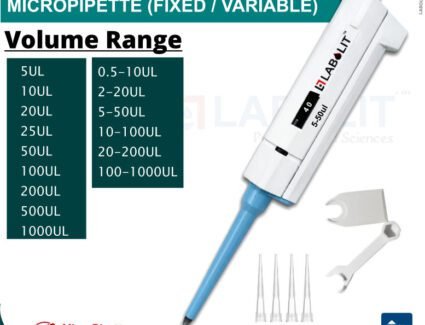 # Micropipette: Complete Guide to Precision Liquid Handling, Types, Applications, Selection, Operation and Maintenance In modern laboratories, **precision liquid handling** is one of the most important steps in obtaining reliable and reproducible results. Whether a laboratory is performing molecular biology experiments, pharmaceutical research, diagnostic testing, microbiology, biotechnology, food analysis or academic research, even a small error in liquid volume can influence the final outcome. A **micropipette** is a precision laboratory instrument specifically designed to aspirate and dispense small quantities of liquid, generally in the microliter range. It allows laboratory professionals to transfer measured volumes more conveniently and consistently than conventional droppers or measuring cylinders. The growing demand for accurate laboratory equipment has made micropipettes an essential product for research institutions, pharmaceutical companies, hospitals, diagnostic laboratories, universities, biotechnology companies and quality-control laboratories. **LABOLIT**, a laboratory equipment brand, offers micropipettes in **fixed-volume and variable-volume configurations**, with multiple volume ranges designed for different laboratory requirements. This comprehensive article explains the fundamentals of micropipettes, their types, working principles, components, applications, volume ranges, advantages, proper operating techniques, calibration, maintenance, common mistakes and important factors to consider before purchasing a micropipette. --- # What Is a Micropipette? A micropipette is a laboratory liquid-handling device used to accurately transfer small volumes of liquids. The word "micro" refers to the small volume capacity of the instrument. Volumes are commonly measured in **microliters (µL)**. For reference: **1,000 µL = 1 mL** Therefore: * 5 µL = 0.005 mL * 10 µL = 0.01 mL * 20 µL = 0.02 mL * 50 µL = 0.05 mL * 100 µL = 0.1 mL * 200 µL = 0.2 mL * 500 µL = 0.5 mL * 1000 µL = 1 mL Micropipettes are designed to provide controlled liquid transfer within a specified volume range. Depending on the model, a micropipette can be: * Fixed volume * Variable volume * Single channel * Multichannel * Manual * Electronic * Air displacement * Positive displacement * Autoclavable or partially autoclavable The correct type depends on the laboratory application. --- # Why Are Micropipettes Important in Laboratories? Many laboratory experiments use very small quantities of samples and reagents. For example, a molecular biology procedure may require only a few microliters of a particular reagent. Measuring such a volume using a conventional measuring cylinder would not provide the required level of control. Micropipettes allow laboratory professionals to transfer small volumes efficiently. They are used for: * DNA analysis * RNA analysis * PCR * qPCR * ELISA * Cell culture * Microbiology * Biochemistry * Pharmaceutical research * Clinical diagnostics * Sample preparation * Food testing * Environmental testing * Forensic science * Biotechnology * Academic research --- # LABOLIT Micropipette The LABOLIT micropipette shown in the supplied product image is designed for laboratory liquid-handling applications. The product is available in: ### Fixed Volume * 5 µL * 10 µL * 20 µL * 25 µL * 50 µL * 100 µL * 200 µL * 500 µL * 1000 µL ### Variable Volume * 0.5–10 µL * 2–20 µL * 5–50 µL * 10–100 µL * 20–200 µL * 100–1000 µL This range allows laboratories to select a pipette according to the volume requirements of their application. --- # Understanding Micropipette Volume Ranges Choosing the correct volume range is one of the most important decisions when purchasing a micropipette. A micropipette should be used only within its specified operating range. For example, a **5–50 µL micropipette** is designed for volumes within its specified 5–50 µL range. Similarly, a **100–1000 µL micropipette** is intended for larger liquid volumes within its operating range. Using the correct volume range can help improve liquid-handling consistency. --- # Fixed-Volume Micropipette A fixed-volume micropipette is designed to deliver one specific volume. Examples include: * 5 µL * 10 µL * 20 µL * 25 µL * 50 µL * 100 µL * 200 µL * 500 µL * 1000 µL Fixed-volume pipettes are particularly useful for laboratories that repeatedly perform procedures requiring the same liquid volume. ## Benefits of Fixed-Volume Micropipettes Fixed-volume pipettes can offer: * Simple operation * Fast repetitive pipetting * Consistent volume selection * Reduced volume-adjustment errors * Convenient operation for routine protocols If a laboratory repeatedly uses exactly 100 µL, for example, a fixed 100 µL micropipette can be a convenient option. --- # Variable-Volume Micropipette A variable-volume micropipette allows the operator to select different volumes within a specified range. For example: **5–50 µL** allows the user to adjust the volume according to the requirements of the laboratory procedure. Variable-volume micropipettes are highly useful in research laboratories because one instrument can support multiple procedures within its operating range. --- # Fixed vs Variable Micropipette | Feature | Fixed Volume | Variable Volume | | -------------------- | ----------------- | ------------------------------------ | | Volume selection | One volume | Multiple volumes | | Flexibility | Lower | Higher | | Repetitive work | Excellent | Excellent | | Multiple experiments | Limited | More flexible | | Adjustment required | Usually no | Yes | | Common use | Routine protocols | Research and general laboratory work | Both types have their own advantages. --- # Air-Displacement Micropipette The LABOLIT micropipette shown in the supplied product image is representative of the common manual **air-displacement micropipette** design. Air-displacement pipettes use an internal piston and an air column between the piston and liquid. When the plunger is pressed and released, the air volume changes, creating the pressure difference required to aspirate or dispense liquid. The general principle can be represented as: **Plunger movement → Piston movement → Air displacement → Pressure change → Liquid movement** Air-displacement pipettes are widely used because they are versatile and suitable for many routine laboratory applications. --- # Positive-Displacement Micropipettes Positive-displacement pipettes work differently from conventional air-displacement systems. The piston directly interacts with the liquid through the disposable tip or piston assembly. They may be useful for difficult liquids such as: * Highly viscous liquids * Volatile liquids * Liquids with unusual vapor pressure * Certain challenging laboratory reagents For routine aqueous laboratory liquids, air-displacement micropipettes are widely used. --- # Main Parts of a Micropipette Understanding the construction of a micropipette helps users operate and maintain it correctly. The LABOLIT micropipette shown in the supplied image includes several major components. These include: 1. Plunger Button 2. Plunger Shaft 3. Grippy 4. Tip Ejector 5. Display 6. Tip Ejector Collar 7. Tip Cone 8. Calibration Tool Each component has a specific role. --- # 1. Plunger Button The **plunger button** is positioned at the top of the micropipette. It is operated by the user's thumb. Pressing the plunger activates the internal piston mechanism. Most conventional manual micropipettes have two distinct plunger positions: ### First Stop The first stop is used for controlled aspiration and dispensing of the selected volume. ### Second Stop The second stop can be used during the final dispensing or blow-out stage to help expel residual liquid from the tip. The user should operate the plunger smoothly rather than pressing it suddenly. --- # 2. Plunger Shaft The plunger shaft connects the plunger mechanism with the internal operating system. When the plunger button is moved, the plunger shaft transfers the mechanical movement into the piston mechanism. This contributes to controlled liquid aspiration and dispensing. --- # 3. Grippy The **grippy** provides finger support and contributes to ergonomic handling. A comfortable grip is important because laboratory users may perform hundreds of pipetting operations during a working day. An ergonomic pipette can help reduce: * Hand fatigue * Finger strain * Wrist discomfort * Repetitive stress --- # 4. Tip Ejector The **tip ejector** is used to remove the disposable pipette tip. Instead of manually pulling the tip from the tip cone, the operator can activate the tip ejector mechanism. This is useful for: * Contamination control * Convenient operation * Safer tip disposal * Faster laboratory workflow --- # 5. Display The display indicates the selected volume on adjustable micropipettes. For example, the supplied LABOLIT product image shows a variable-volume pipette marked: **5–50 µL** The operator should always check the displayed volume before starting the procedure. --- # 6. Tip Ejector Collar The tip ejector collar is positioned around the lower section of the micropipette body. It forms part of the tip-ejection mechanism and helps transfer movement from the ejector system to the disposable pipette tip. --- # 7. Tip Cone The tip cone is the lower connection section of the micropipette. The disposable pipette tip is attached to the tip cone. A good connection between the tip and tip cone is important because poor fitting may result in: * Air leakage * Liquid leakage * Inconsistent aspiration * Incorrect dispensing * Tip detachment --- # 8. Calibration Tool The calibration tool shown with the LABOLIT micropipette is intended for appropriate calibration or adjustment procedures where supported by the product design. Calibration adjustments should be performed by trained or authorized personnel according to the manufacturer's instructions and applicable laboratory requirements. --- # How Does a Micropipette Work? The working principle of a conventional air-displacement micropipette involves the controlled movement of a piston. The piston changes the volume of air inside the pipette. When the plunger is operated, pressure inside the system changes. This pressure difference allows liquid to enter the disposable tip during aspiration. When the plunger is pressed during dispensing, the pressure changes in the opposite direction and the liquid is expelled. The complete process involves: **Volume setting → Plunger operation → Piston movement → Pressure change → Liquid aspiration → Liquid dispensing** --- # Step-by-Step Guide to Using a Micropipette Correct technique is essential for achieving consistent results. ## Step 1: Select the Correct Pipette First determine the volume required for your procedure. Then select a micropipette whose specified range covers the required volume. --- ## Step 2: Set the Volume Adjust the volume mechanism until the required volume appears on the display. Never force the volume adjustment beyond the specified range. --- ## Step 3: Select the Correct Tip Choose a compatible pipette tip. The tip should fit securely onto the tip cone. --- ## Step 4: Attach the Tip Press the pipette tip onto the tip cone using appropriate pressure. Do not apply excessive force. --- ## Step 5: Press to the First Stop Press the plunger smoothly until the first stop. --- ## Step 6: Immerse the Tip Place the tip into the liquid at an appropriate immersion depth. Do not unnecessarily immerse the tip deeply. --- ## Step 7: Aspirate Slowly release the plunger to aspirate the liquid. Smooth operation is important. --- ## Step 8: Pause Allow a short pause after aspiration where appropriate. --- ## Step 9: Move to the Receiving Container Transfer the micropipette to the destination vessel without touching the tip against unwanted surfaces. --- ## Step 10: Dispense Press the plunger smoothly. Depending on the technique and application, the second stop may be used for the final blow-out. --- ## Step 11: Eject the Tip Activate the tip ejector to release the used tip. Dispose of the tip appropriately. --- # Micropipetting Technique Good technique is one of the most important factors affecting pipette performance. The following practices can help improve consistency: * Hold the pipette appropriately. * Use the correct pipette range. * Use compatible tips. * Operate the plunger slowly. * Maintain consistent immersion depth. * Avoid unnecessary tip contact. * Dispense smoothly. * Change tips between samples where required. * Keep the pipette clean. * Follow calibration procedures. --- # Why Tip Immersion Depth Matters When using an air-displacement pipette, the depth at which the tip is immersed can influence aspiration. If the tip is inserted too deeply: * More liquid may adhere to the outside. * Hydrostatic effects may influence aspiration. * Contamination risk may increase. If the tip is inserted too shallowly: * Air may be aspirated. * The intended volume may not be transferred correctly. Therefore, maintaining an appropriate and consistent immersion depth is important. --- # Why Pipette Angle Matters During aspiration, the micropipette should generally be held in a consistent and appropriate orientation. An excessive angle can change the relationship between the tip, liquid and air column. Consistent technique improves repeatability. --- # Pre-Wetting Pipette Tips Pre-wetting can be useful for certain applications. It involves aspirating and dispensing the same liquid before taking the final sample. This can help condition the tip and may improve consistency for certain liquids. However, pre-wetting should be applied according to the specific liquid and laboratory procedure. --- # Pipetting Water-Based Liquids Water-like solutions are generally straightforward for air-displacement micropipettes. Examples include: * Buffers * Dilute aqueous solutions * Many laboratory reagents * Water * Certain biological samples Correct pipetting technique remains important even for simple liquids. --- # Pipetting Viscous Liquids Viscous liquids behave differently from water. Examples include: * Glycerol-rich solutions * Concentrated protein solutions * Certain oils * Thick biological solutions These liquids may require slower aspiration and dispensing. In some cases, reverse pipetting or positive-displacement technology may be more appropriate. --- # Pipetting Volatile Liquids Volatile liquids can evaporate rapidly. Because air-displacement pipettes contain an air column, vapor pressure may influence performance. For volatile liquids, the laboratory should use an appropriate technique or pipette technology recommended for the application. --- # Micropipette Accuracy Accuracy is an important characteristic of a laboratory micropipette. Accuracy refers to how close the delivered volume is to the intended or reference volume. For example, if a pipette is set to deliver a specified volume, its actual delivery should be evaluated against the relevant performance specification. Accuracy should be verified using appropriate calibration or testing procedures. --- # Micropipette Precision Precision refers to the closeness of repeated measurements to one another. For example, if a pipette repeatedly delivers nearly the same volume, it demonstrates good repeatability. A pipette should ideally provide both: **Accuracy + Precision** These two characteristics are essential for reliable laboratory liquid handling. --- # Accuracy vs Precision Consider the following example. A pipette repeatedly delivers: 99.8 µL, 99.9 µL and 100.0 µL This demonstrates good repeatability around the intended 100 µL value. However, if a pipette repeatedly delivers: 97 µL, 97.1 µL and 97.2 µL the measurements may be consistent with one another but are not close to the intended 100 µL. This illustrates the difference between precision and accuracy. --- # Micropipette Calibration Calibration is the process of checking and, where applicable, adjusting a pipette to ensure that its performance is within the required limits. Calibration is especially important in: * Pharmaceutical laboratories * Clinical laboratories * Research laboratories * Biotechnology * Quality-control laboratories * Accredited laboratories * Diagnostic facilities The calibration procedure should be performed according to applicable standards, manufacturer recommendations and laboratory quality procedures. --- # ISO 8655 and Pipette Performance The **ISO 8655** series provides important requirements and test methods for piston-operated volumetric apparatus. Laboratories should use the relevant standard and their own quality procedures when establishing pipette verification and calibration programs. Calibration documentation can be particularly important for regulated environments. --- # Gravimetric Calibration of Micropipettes One commonly used approach for evaluating pipette performance is gravimetric testing. In a controlled environment, a defined volume of water is dispensed and its mass is measured. The measured mass can then be converted to volume using appropriate corrections. Factors such as: * Water temperature * Air temperature * Atmospheric pressure * Evaporation * Water density may need to be considered. Formal calibration should be carried out by trained personnel using suitable equipment and procedures. --- # How Often Should a Micropipette Be Calibrated? There is no single universal interval suitable for every laboratory. Calibration frequency can depend on: * Frequency of use * Type of application * Required accuracy * Regulatory requirements * Manufacturer recommendations * Previous calibration results * Laboratory quality system A pipette used heavily for critical testing may require more frequent verification than a pipette used occasionally for educational work. --- # Micropipette Maintenance Routine maintenance helps preserve pipette performance. Important maintenance activities may include: * External cleaning * Inspection * Tip cone inspection * Plunger inspection * Tip ejector inspection * Seal inspection * Calibration * Replacement of worn parts * Proper storage The exact maintenance procedure depends on the pipette model. --- # Cleaning a Micropipette A general cleaning process may include: 1. Remove the disposable tip. 2. Inspect the pipette. 3. Clean the external surface using a compatible cleaning method. 4. If required, disassemble permitted components. 5. Clean contaminated parts according to manufacturer instructions. 6. Dry appropriately. 7. Reassemble. 8. Verify performance where necessary. Do not use cleaning chemicals that may damage the pipette materials. --- # Pipette Storage Proper storage is often underestimated. A micropipette should preferably be stored on a suitable pipette stand. A stand can help prevent: * Accidental falls * Bench contamination * Tip cone damage * Unnecessary contact with laboratory surfaces For laboratories using multiple pipettes, a dedicated pipette stand can improve organization. --- # Common Micropipette Problems ## Liquid Leakage Possible causes may include: * Poorly fitted tip * Damaged tip * Damaged seal * Incorrect assembly * Contamination --- ## Inconsistent Volume Possible causes include: * Incorrect pipetting technique * Poor tip fit * Calibration issues * Damaged internal components * Temperature effects * Liquid properties --- ## Difficult Plunger Movement Possible causes may include: * Contamination * Mechanical wear * Incorrect assembly * Damaged internal components --- ## Tip Ejector Not Working Possible causes may include: * Mechanical obstruction * Incorrect assembly * Damaged ejector mechanism --- # When Should a Micropipette Be Serviced? A micropipette should be inspected or serviced if: * It has been dropped. * The plunger behaves abnormally. * Liquid leakage occurs. * Tip attachment becomes unreliable. * Volume performance is questionable. * Calibration results fall outside acceptable limits. * The ejector mechanism becomes difficult to operate. * Internal contamination is suspected. --- # Micropipette Tips and Their Importance A micropipette tip is not simply an accessory. It is a critical part of the liquid-handling system. The quality and compatibility of the tip can affect: * Aspiration * Dispensing * Leakage * Sample retention * Contamination * Reproducibility Always use suitable tips for the micropipette. --- # Standard Pipette Tips Standard tips are commonly used for routine laboratory applications. They are suitable for many: * Aqueous solutions * Buffers * Reagents * Samples The exact tip size should match the micropipette. --- # Filter Pipette Tips Filter tips contain a barrier designed to reduce aerosol movement into the pipette. They can be useful for applications where contamination control is important, such as: * PCR * Molecular biology * DNA work * RNA work * Clinical laboratory procedures --- # Sterile Pipette Tips Sterile tips are commonly used where microbiological or biological contamination must be controlled. Examples include: * Cell culture * Molecular biology * Biotechnology * Clinical research --- # Low-Retention Pipette Tips Low-retention tips are designed to minimize liquid remaining on the inner wall of the tip. They can be beneficial when handling: * Proteins * Expensive reagents * Small volumes * Viscous samples --- # Single-Channel Micropipette A single-channel micropipette transfers liquid through one tip. It is one of the most widely used pipette configurations. Applications include: * Individual sample handling * Reagent transfer * PCR * DNA extraction * Biochemistry * Microbiology * Research --- # Multichannel Micropipette Multichannel micropipettes contain multiple tip channels. Common configurations include: * 8-channel * 12-channel They are particularly useful when working with microplates. Applications include: * ELISA * High-throughput screening * Microplate assays * Molecular biology * Research laboratories --- # Micropipettes in PCR PCR is one of the most common applications for small-volume micropipettes. PCR reactions may require carefully measured amounts of: * Template DNA * Primers * Polymerase * Buffer * Nucleotides * Water A pipette with a suitable small-volume range can help ensure consistent reagent transfer. --- # Micropipettes in Molecular Biology Molecular biology frequently requires precise transfer of very small liquid volumes. Micropipettes are used during: * DNA extraction * RNA extraction * PCR * qPCR * Gel-related sample preparation * Reagent preparation * Nucleic acid workflows Because contamination can compromise experiments, appropriate tips and good laboratory practices are important. --- # Micropipettes in Pharmaceutical Research Pharmaceutical laboratories use micropipettes in: * Drug discovery * Formulation research * Quality control * Sample preparation * Analytical development * Research and development Precision liquid handling contributes to reproducible laboratory workflows. --- # Micropipettes in Diagnostic Laboratories Diagnostic laboratories may use micropipettes for: * Sample preparation * Reagent addition * Immunoassays * Molecular diagnostics * Biochemistry * Research Because diagnostic workflows may have strict quality requirements, appropriate pipette calibration and documentation can be important. --- # Micropipettes in Biotechnology Biotechnology laboratories rely heavily on precise liquid handling. Applications may include: * Cell biology * Genetic research * Protein research * Microbiology * Molecular biology * Sample preparation --- # Micropipettes in Microbiology Microbiology laboratories use micropipettes for transferring: * Culture samples * Reagents * Buffers * Antibiotic solutions * Microbial suspensions * Test samples Sterile tips and appropriate laboratory procedures help minimize contamination. --- # Micropipettes in Food Testing Food and beverage laboratories use micropipettes for: * Sample preparation * Chemical analysis * Microbiological testing * Reagent dispensing * Quality control Precise liquid transfer can contribute to reliable analytical workflows. --- # Micropipettes in Environmental Laboratories Environmental testing laboratories may use micropipettes for: * Water testing * Soil extract preparation * Chemical analysis * Microbiological testing * Reagent preparation The correct pipette range depends on the testing method. --- # Micropipettes in Forensic Laboratories Forensic laboratories may use micropipettes for small-volume sample preparation and molecular analysis. Applications can include: * DNA analysis * Biological sample preparation * Reagent transfer * Molecular testing Because forensic samples can be limited, careful liquid handling is especially important. --- # Micropipettes in Academic Research Universities and colleges use micropipettes in: * Biology * Biochemistry * Biotechnology * Microbiology * Chemistry * Molecular biology Micropipette training is an important part of laboratory education. --- # Importance of Ergonomic Micropipette Design Laboratory professionals may perform repetitive pipetting tasks for extended periods. An ergonomic micropipette can help make these tasks more comfortable. Useful ergonomic characteristics include: * Comfortable grip * Smooth plunger movement * Convenient tip ejection * Balanced design * Easy volume adjustment * Low operating effort Ergonomics can be especially important for high-throughput laboratory environments. --- # How to Choose the Right Micropipette Before purchasing a micropipette, evaluate the following: ## Volume Requirement Identify the minimum and maximum volumes required. ## Fixed or Variable Choose fixed volume for repetitive single-volume work. Choose variable volume for flexibility. ## Single or Multichannel Select single-channel for individual samples. Select multichannel for microplates and high-throughput work. ## Accuracy Requirement Consider the accuracy required by your application. ## Tip Compatibility Confirm that suitable tips are available. ## Sterility Determine whether sterile or filtered tips are required. ## Autoclavability Consider autoclavability if your laboratory requires it. ## Calibration Check calibration and service support. ## Ergonomics Consider comfort for repetitive pipetting. --- # Why One Micropipette Is Not Enough for Every Laboratory Application Many laboratories initially try to use one pipette for multiple volume ranges. However, different pipettes are designed for different volume capacities. For example, a laboratory may require: * 0.5–10 µL * 2–20 µL * 5–50 µL * 10–100 µL * 20–200 µL * 100–1000 µL Having appropriate pipettes for different volume ranges allows laboratory personnel to select the right instrument for each task. --- # Advantages of Using LABOLIT Micropipettes LABOLIT micropipettes provide a range of options for laboratories requiring controlled liquid handling. Key product categories include: * Fixed-volume micropipettes * Variable-volume micropipettes * Single-channel micropipettes * Multichannel micropipettes * Different laboratory volume ranges * OEM options * Laboratory liquid-handling solutions The exact features and specifications depend on the selected model. --- # LABOLIT Micropipette for OEM Applications OEM solutions can be useful for distributors and businesses looking to market laboratory products under their own brand. OEM requirements can include: * Product branding * Logo printing * Packaging * Labels * Product configuration * Documentation OEM availability, minimum order quantity and customization options should be confirmed according to the specific model and commercial requirements. --- # Micropipette Manufacturer in India India has a growing laboratory equipment industry serving: * Pharmaceutical companies * Hospitals * Diagnostic laboratories * Biotechnology companies * Research institutes * Universities * Government laboratories * Industrial laboratories A reliable micropipette manufacturer can support laboratories and distributors with products covering multiple volume ranges and application requirements. LABOLIT is positioned as a laboratory equipment brand offering micropipettes and other scientific products. --- # Micropipette Supplier in India When selecting a micropipette supplier, customers should evaluate: * Product specifications * Quality documentation * Calibration support * Warranty * Service * Tip availability * Replacement parts * Delivery * OEM capability * Technical support The cheapest product is not necessarily the most economical choice if service and long-term support are unavailable. --- # Micropipette for Distributors Micropipettes are regularly required by laboratory equipment distributors. A distributor may serve customers from: * Hospitals * Pathology labs * Pharmaceutical companies * Universities * Colleges * Research institutes * Diagnostic centers * Biotechnology companies * Government laboratories Maintaining multiple volume ranges can help distributors address different customer requirements. --- # Micropipette for Government Laboratories Government research and testing laboratories may require pipettes for: * Research * Quality testing * Environmental testing * Food testing * Pharmaceutical analysis * Public health laboratories For institutional procurement, customers may also require documentation, specifications, warranty information and appropriate compliance records. --- # Micropipette for Hospital Laboratories Hospital laboratories may require micropipettes for routine and specialized testing. Before purchasing, the laboratory should evaluate: * Volume range * Accuracy * Precision * Sterility requirements * Calibration * Service * Warranty --- # Micropipette Price in India The price of a micropipette depends on several factors. These may include: * Brand * Model * Volume range * Fixed or variable operation * Channel configuration * Autoclavability * Materials * Calibration documentation * Warranty * Order quantity For bulk procurement, distributors and institutions may receive different commercial pricing. --- # What Makes a Good Micropipette? A good micropipette should be appropriate for its intended application and provide: * Suitable volume range * Reliable mechanical operation * Good ergonomics * Secure tip fitting * Easy volume adjustment * Convenient tip ejection * Appropriate calibration support * Suitable maintenance options Quality should always be evaluated against the requirements of the laboratory procedure. --- # Micropipette and Laboratory Reproducibility Reproducibility is a major objective in scientific research. If different operators transfer different liquid volumes during the same procedure, experimental results can vary. Standardized pipetting practices and properly maintained pipettes can help reduce operator-to-operator variability. Laboratories can improve consistency by: * Training operators * Standardizing pipetting techniques * Using compatible tips * Maintaining pipettes * Establishing calibration schedules --- # Operator Training for Micropipettes Even a high-quality pipette requires proper user training. Training should cover: * Volume setting * Tip attachment * Plunger operation * Aspiration * Dispensing * Tip ejection * Cleaning * Storage * Contamination control New users should practice with suitable liquids before performing critical laboratory procedures. --- # Common Micropipette Mistakes to Avoid ## 1. Using the Wrong Volume Range Never operate outside the manufacturer's specified range. ## 2. Setting the Wrong Volume Always check the display. ## 3. Using Incompatible Tips Poor fit can lead to leakage and inconsistent delivery. ## 4. Pressing the Plunger Too Fast Smooth movement generally provides better control. ## 5. Aspirating at an Inconsistent Angle Maintain a consistent position. ## 6. Immersing the Tip Too Deeply Use appropriate immersion depth. ## 7. Reusing Tips Incorrectly Change tips according to the laboratory procedure. ## 8. Ignoring Calibration Critical pipettes should be verified according to the laboratory quality system. ## 9. Storing Pipettes Improperly Use a suitable stand when possible. ## 10. Dropping the Pipette Mechanical shocks can affect performance. --- # Micropipette Contamination Control Contamination is particularly important in molecular biology, microbiology and diagnostic applications. Good practices include: * Using appropriate disposable tips * Changing tips between samples * Using filter tips when required * Avoiding contact with contaminated surfaces * Keeping the pipette clean * Following laboratory biosafety procedures --- # Micropipette and Sample Integrity Sample integrity can be affected by incorrect handling. Precise and consistent pipetting helps laboratories maintain controlled experimental conditions. For valuable or limited samples, proper pipetting technique is especially important. --- # Micropipette Selection Checklist Before purchasing a micropipette, ask: ### Volume What volume will be transferred most frequently? ### Range Which pipette range covers the required volume? ### Type Fixed or variable? ### Channel Single or multichannel? ### Tips Which tips are compatible? ### Sterility Are sterile or filtered tips required? ### Maintenance How will the pipette be cleaned and serviced? ### Calibration What calibration process is required? ### Warranty What warranty is offered? ### Support Is technical and after-sales support available? ### OEM Is customization required? --- # Frequently Asked Questions ## What is a micropipette used for? A micropipette is used to aspirate and dispense small volumes of liquid accurately and consistently. ## What is the unit used in micropipetting? Micropipette volumes are commonly measured in microliters (µL). ## How many microliters are in one milliliter? There are: **1,000 µL = 1 mL** ## What is a fixed-volume micropipette? It is a micropipette designed to deliver one predetermined volume. ## What is a variable-volume micropipette? It allows the user to select different volumes within its specified range. ## What is an air-displacement micropipette? It uses an air column and piston mechanism to aspirate and dispense liquid. ## What is a tip cone? It is the lower section of the pipette where the disposable tip is attached. ## What does the tip ejector do? It removes the used disposable pipette tip. ## Why is calibration important? Calibration helps verify whether the pipette is delivering volumes within the required performance limits. ## Can micropipettes be used for PCR? Yes. Micropipettes are commonly used for PCR reagent and sample preparation. ## Can micropipettes be used for DNA extraction? Yes. They are commonly used for transferring buffers, reagents and samples during DNA extraction workflows. ## Can micropipettes be autoclaved? Some models are designed to be autoclavable. Always follow the manufacturer's instructions. ## How should a micropipette be stored? It should preferably be stored upright on a suitable pipette stand when not in use. ## Why are disposable tips important? Disposable tips help reduce cross-contamination and simplify liquid handling. ## What volume range should I choose? Choose a range that comfortably covers the volume required by your application and follows the manufacturer's specified operating limits. --- # Conclusion A **micropipette is an essential laboratory instrument for precise small-volume liquid handling**. Its applications extend across pharmaceutical research, biotechnology, molecular biology, microbiology, diagnostics, hospitals, universities, food testing, environmental analysis and many other scientific fields. The performance of a micropipette depends on several factors, including instrument design, volume range, tip quality, calibration, liquid properties, temperature and operator technique. LABOLIT offers **fixed-volume and variable-volume micropipettes** in a broad selection of ranges, including: **5 µL, 10 µL, 20 µL, 25 µL, 50 µL, 100 µL, 200 µL, 500 µL and 1000 µL fixed-volume options**, along with variable ranges such as: **0.5–10 µL, 2–20 µL, 5–50 µL, 10–100 µL, 20–200 µL and 100–1000 µL.** The LABOLIT micropipette design includes important components such as the **plunger button, plunger shaft, grippy, display, tip ejector, tip ejector collar, tip cone and calibration tool**. For laboratories, distributors, research institutes, pharmaceutical companies, hospitals and educational institutions, choosing the correct micropipette is an important step toward efficient and consistent liquid handling. **Choose the right volume. Use the right tip. Follow the correct pipetting technique. Maintain and calibrate the instrument appropriately.** ### LABOLIT – Pulse of World Sciences **Micropipette Manufacturer | Fixed & Variable Volume Micropipettes | Laboratory Liquid Handling Solutions | OEM Available** 🌐 **Website:** [www.labolit.com](http://www.labolit.com) 📧 **Email:** [sales@labolit.com](mailto:sales@labolit.com) 📞 **Phone:** +91-7379207507 | +91-7347707507 --- ## SEO Keywords for This Blog **micropipette, micropipette manufacturer in India, best micropipette manufacturer, micropipette supplier India, micropipette price India, LABOLIT micropipette, LABOLIT micropipette manufacturer, laboratory micropipette, laboratory pipette, micro pipette, precision micropipette, fixed volume micropipette, variable volume micropipette, adjustable micropipette, air displacement micropipette, single channel micropipette, multichannel micropipette, autoclavable micropipette, fully autoclavable micropipette, 5-50 µL micropipette, 10-100 µL micropipette, 20-200 µL micropipette, 100-1000 µL micropipette, micropipette for PCR, micropipette for molecular biology, micropipette for biotechnology, micropipette for pharmaceutical laboratory, micropipette for diagnostic laboratory, micropipette for research laboratory, pipette calibration, ISO 8655 pipette, micropipette tips, pipette tip manufacturer, laboratory equipment manufacturer India, laboratory equipment supplier, laboratory liquid handling, liquid handling equipment, micropipette OEM manufacturer, OEM micropipette, micropipette exporter India, best laboratory pipette brand, LABOLIT laboratory equipment.**