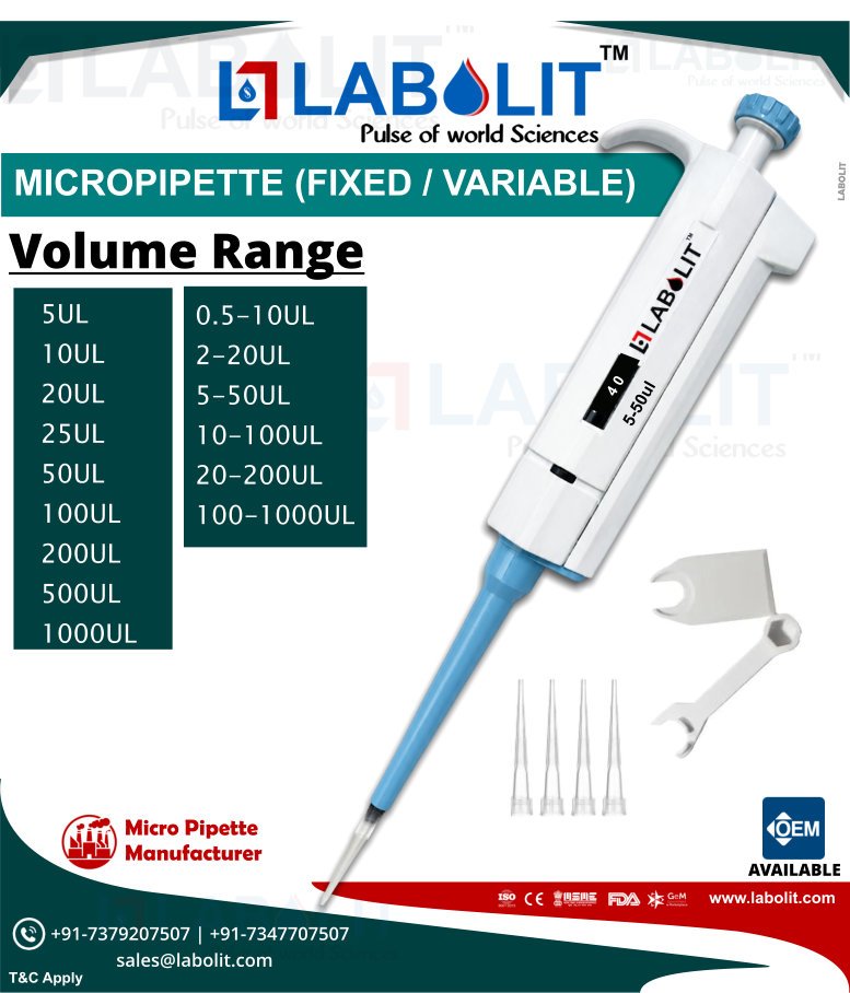 # Micropipette: Complete Guide to Precision Liquid Handling, Types, Applications, Selection, Operation and Maintenance In modern laboratories, **precision liquid handling** is one of the most important steps in obtaining reliable and reproducible results. Whether a laboratory is performing molecular biology experiments, pharmaceutical research, diagnostic testing, microbiology, biotechnology, food analysis or academic research, even a small error in liquid volume can influence the final outcome. A **micropipette** is a precision laboratory instrument specifically designed to aspirate and dispense small quantities of liquid, generally in the microliter range. It allows laboratory professionals to transfer measured volumes more conveniently and consistently than conventional droppers or measuring cylinders. The growing demand for accurate laboratory equipment has made micropipettes an essential product for research institutions, pharmaceutical companies, hospitals, diagnostic laboratories, universities, biotechnology companies and quality-control laboratories. **LABOLIT**, a laboratory equipment brand, offers micropipettes in **fixed-volume and variable-volume configurations**, with multiple volume ranges designed for different laboratory requirements. This comprehensive article explains the fundamentals of micropipettes, their types, working principles, components, applications, volume ranges, advantages, proper operating techniques, calibration, maintenance, common mistakes and important factors to consider before purchasing a micropipette. --- # What Is a Micropipette? A micropipette is a laboratory liquid-handling device used to accurately transfer small volumes of liquids. The word "micro" refers to the small volume capacity of the instrument. Volumes are commonly measured in **microliters (µL)**. For reference: **1,000 µL = 1 mL** Therefore: * 5 µL = 0.005 mL * 10 µL = 0.01 mL * 20 µL = 0.02 mL * 50 µL = 0.05 mL * 100 µL = 0.1 mL * 200 µL = 0.2 mL * 500 µL = 0.5 mL * 1000 µL = 1 mL Micropipettes are designed to provide controlled liquid transfer within a specified volume range. Depending on the model, a micropipette can be: * Fixed volume * Variable volume * Single channel * Multichannel * Manual * Electronic * Air displacement * Positive displacement * Autoclavable or partially autoclavable The correct type depends on the laboratory application. --- # Why Are Micropipettes Important in Laboratories? Many laboratory experiments use very small quantities of samples and reagents. For example, a molecular biology procedure may require only a few microliters of a particular reagent. Measuring such a volume using a conventional measuring cylinder would not provide the required level of control. Micropipettes allow laboratory professionals to transfer small volumes efficiently. They are used for: * DNA analysis * RNA analysis * PCR * qPCR * ELISA * Cell culture * Microbiology * Biochemistry * Pharmaceutical research * Clinical diagnostics * Sample preparation * Food testing * Environmental testing * Forensic science * Biotechnology * Academic research --- # LABOLIT Micropipette The LABOLIT micropipette shown in the supplied product image is designed for laboratory liquid-handling applications. The product is available in: ### Fixed Volume * 5 µL * 10 µL * 20 µL * 25 µL * 50 µL * 100 µL * 200 µL * 500 µL * 1000 µL ### Variable Volume * 0.5–10 µL * 2–20 µL * 5–50 µL * 10–100 µL * 20–200 µL * 100–1000 µL This range allows laboratories to select a pipette according to the volume requirements of their application. --- # Understanding Micropipette Volume Ranges Choosing the correct volume range is one of the most important decisions when purchasing a micropipette. A micropipette should be used only within its specified operating range. For example, a **5–50 µL micropipette** is designed for volumes within its specified 5–50 µL range. Similarly, a **100–1000 µL micropipette** is intended for larger liquid volumes within its operating range. Using the correct volume range can help improve liquid-handling consistency. --- # Fixed-Volume Micropipette A fixed-volume micropipette is designed to deliver one specific volume. Examples include: * 5 µL * 10 µL * 20 µL * 25 µL * 50 µL * 100 µL * 200 µL * 500 µL * 1000 µL Fixed-volume pipettes are particularly useful for laboratories that repeatedly perform procedures requiring the same liquid volume. ## Benefits of Fixed-Volume Micropipettes Fixed-volume pipettes can offer: * Simple operation * Fast repetitive pipetting * Consistent volume selection * Reduced volume-adjustment errors * Convenient operation for routine protocols If a laboratory repeatedly uses exactly 100 µL, for example, a fixed 100 µL micropipette can be a convenient option. --- # Variable-Volume Micropipette A variable-volume micropipette allows the operator to select different volumes within a specified range. For example: **5–50 µL** allows the user to adjust the volume according to the requirements of the laboratory procedure. Variable-volume micropipettes are highly useful in research laboratories because one instrument can support multiple procedures within its operating range. --- # Fixed vs Variable Micropipette | Feature | Fixed Volume | Variable Volume | | -------------------- | ----------------- | ------------------------------------ | | Volume selection | One volume | Multiple volumes | | Flexibility | Lower | Higher | | Repetitive work | Excellent | Excellent | | Multiple experiments | Limited | More flexible | | Adjustment required | Usually no | Yes | | Common use | Routine protocols | Research and general laboratory work | Both types have their own advantages. --- # Air-Displacement Micropipette The LABOLIT micropipette shown in the supplied product image is representative of the common manual **air-displacement micropipette** design. Air-displacement pipettes use an internal piston and an air column between the piston and liquid. When the plunger is pressed and released, the air volume changes, creating the pressure difference required to aspirate or dispense liquid. The general principle can be represented as: **Plunger movement → Piston movement → Air displacement → Pressure change → Liquid movement** Air-displacement pipettes are widely used because they are versatile and suitable for many routine laboratory applications. --- # Positive-Displacement Micropipettes Positive-displacement pipettes work differently from conventional air-displacement systems. The piston directly interacts with the liquid through the disposable tip or piston assembly. They may be useful for difficult liquids such as: * Highly viscous liquids * Volatile liquids * Liquids with unusual vapor pressure * Certain challenging laboratory reagents For routine aqueous laboratory liquids, air-displacement micropipettes are widely used. --- # Main Parts of a Micropipette Understanding the construction of a micropipette helps users operate and maintain it correctly. The LABOLIT micropipette shown in the supplied image includes several major components. These include: 1. Plunger Button 2. Plunger Shaft 3. Grippy 4. Tip Ejector 5. Display 6. Tip Ejector Collar 7. Tip Cone 8. Calibration Tool Each component has a specific role. --- # 1. Plunger Button The **plunger button** is positioned at the top of the micropipette. It is operated by the user's thumb. Pressing the plunger activates the internal piston mechanism. Most conventional manual micropipettes have two distinct plunger positions: ### First Stop The first stop is used for controlled aspiration and dispensing of the selected volume. ### Second Stop The second stop can be used during the final dispensing or blow-out stage to help expel residual liquid from the tip. The user should operate the plunger smoothly rather than pressing it suddenly. --- # 2. Plunger Shaft The plunger shaft connects the plunger mechanism with the internal operating system. When the plunger button is moved, the plunger shaft transfers the mechanical movement into the piston mechanism. This contributes to controlled liquid aspiration and dispensing. --- # 3. Grippy The **grippy** provides finger support and contributes to ergonomic handling. A comfortable grip is important because laboratory users may perform hundreds of pipetting operations during a working day. An ergonomic pipette can help reduce: * Hand fatigue * Finger strain * Wrist discomfort * Repetitive stress --- # 4. Tip Ejector The **tip ejector** is used to remove the disposable pipette tip. Instead of manually pulling the tip from the tip cone, the operator can activate the tip ejector mechanism. This is useful for: * Contamination control * Convenient operation * Safer tip disposal * Faster laboratory workflow --- # 5. Display The display indicates the selected volume on adjustable micropipettes. For example, the supplied LABOLIT product image shows a variable-volume pipette marked: **5–50 µL** The operator should always check the displayed volume before starting the procedure. --- # 6. Tip Ejector Collar The tip ejector collar is positioned around the lower section of the micropipette body. It forms part of the tip-ejection mechanism and helps transfer movement from the ejector system to the disposable pipette tip. --- # 7. Tip Cone The tip cone is the lower connection section of the micropipette. The disposable pipette tip is attached to the tip cone. A good connection between the tip and tip cone is important because poor fitting may result in: * Air leakage * Liquid leakage * Inconsistent aspiration * Incorrect dispensing * Tip detachment --- # 8. Calibration Tool The calibration tool shown with the LABOLIT micropipette is intended for appropriate calibration or adjustment procedures where supported by the product design. Calibration adjustments should be performed by trained or authorized personnel according to the manufacturer's instructions and applicable laboratory requirements. --- # How Does a Micropipette Work? The working principle of a conventional air-displacement micropipette involves the controlled movement of a piston. The piston changes the volume of air inside the pipette. When the plunger is operated, pressure inside the system changes. This pressure difference allows liquid to enter the disposable tip during aspiration. When the plunger is pressed during dispensing, the pressure changes in the opposite direction and the liquid is expelled. The complete process involves: **Volume setting → Plunger operation → Piston movement → Pressure change → Liquid aspiration → Liquid dispensing** --- # Step-by-Step Guide to Using a Micropipette Correct technique is essential for achieving consistent results. ## Step 1: Select the Correct Pipette First determine the volume required for your procedure. Then select a micropipette whose specified range covers the required volume. --- ## Step 2: Set the Volume Adjust the volume mechanism until the required volume appears on the display. Never force the volume adjustment beyond the specified range. --- ## Step 3: Select the Correct Tip Choose a compatible pipette tip. The tip should fit securely onto the tip cone. --- ## Step 4: Attach the Tip Press the pipette tip onto the tip cone using appropriate pressure. Do not apply excessive force. --- ## Step 5: Press to the First Stop Press the plunger smoothly until the first stop. --- ## Step 6: Immerse the Tip Place the tip into the liquid at an appropriate immersion depth. Do not unnecessarily immerse the tip deeply. --- ## Step 7: Aspirate Slowly release the plunger to aspirate the liquid. Smooth operation is important. --- ## Step 8: Pause Allow a short pause after aspiration where appropriate. --- ## Step 9: Move to the Receiving Container Transfer the micropipette to the destination vessel without touching the tip against unwanted surfaces. --- ## Step 10: Dispense Press the plunger smoothly. Depending on the technique and application, the second stop may be used for the final blow-out. --- ## Step 11: Eject the Tip Activate the tip ejector to release the used tip. Dispose of the tip appropriately. --- # Micropipetting Technique Good technique is one of the most important factors affecting pipette performance. The following practices can help improve consistency: * Hold the pipette appropriately. * Use the correct pipette range. * Use compatible tips. * Operate the plunger slowly. * Maintain consistent immersion depth. * Avoid unnecessary tip contact. * Dispense smoothly. * Change tips between samples where required. * Keep the pipette clean. * Follow calibration procedures. --- # Why Tip Immersion Depth Matters When using an air-displacement pipette, the depth at which the tip is immersed can influence aspiration. If the tip is inserted too deeply: * More liquid may adhere to the outside. * Hydrostatic effects may influence aspiration. * Contamination risk may increase. If the tip is inserted too shallowly: * Air may be aspirated. * The intended volume may not be transferred correctly. Therefore, maintaining an appropriate and consistent immersion depth is important. --- # Why Pipette Angle Matters During aspiration, the micropipette should generally be held in a consistent and appropriate orientation. An excessive angle can change the relationship between the tip, liquid and air column. Consistent technique improves repeatability. --- # Pre-Wetting Pipette Tips Pre-wetting can be useful for certain applications. It involves aspirating and dispensing the same liquid before taking the final sample. This can help condition the tip and may improve consistency for certain liquids. However, pre-wetting should be applied according to the specific liquid and laboratory procedure. --- # Pipetting Water-Based Liquids Water-like solutions are generally straightforward for air-displacement micropipettes. Examples include: * Buffers * Dilute aqueous solutions * Many laboratory reagents * Water * Certain biological samples Correct pipetting technique remains important even for simple liquids. --- # Pipetting Viscous Liquids Viscous liquids behave differently from water. Examples include: * Glycerol-rich solutions * Concentrated protein solutions * Certain oils * Thick biological solutions These liquids may require slower aspiration and dispensing. In some cases, reverse pipetting or positive-displacement technology may be more appropriate. --- # Pipetting Volatile Liquids Volatile liquids can evaporate rapidly. Because air-displacement pipettes contain an air column, vapor pressure may influence performance. For volatile liquids, the laboratory should use an appropriate technique or pipette technology recommended for the application. --- # Micropipette Accuracy Accuracy is an important characteristic of a laboratory micropipette. Accuracy refers to how close the delivered volume is to the intended or reference volume. For example, if a pipette is set to deliver a specified volume, its actual delivery should be evaluated against the relevant performance specification. Accuracy should be verified using appropriate calibration or testing procedures. --- # Micropipette Precision Precision refers to the closeness of repeated measurements to one another. For example, if a pipette repeatedly delivers nearly the same volume, it demonstrates good repeatability. A pipette should ideally provide both: **Accuracy + Precision** These two characteristics are essential for reliable laboratory liquid handling. --- # Accuracy vs Precision Consider the following example. A pipette repeatedly delivers: 99.8 µL, 99.9 µL and 100.0 µL This demonstrates good repeatability around the intended 100 µL value. However, if a pipette repeatedly delivers: 97 µL, 97.1 µL and 97.2 µL the measurements may be consistent with one another but are not close to the intended 100 µL. This illustrates the difference between precision and accuracy. --- # Micropipette Calibration Calibration is the process of checking and, where applicable, adjusting a pipette to ensure that its performance is within the required limits. Calibration is especially important in: * Pharmaceutical laboratories * Clinical laboratories * Research laboratories * Biotechnology * Quality-control laboratories * Accredited laboratories * Diagnostic facilities The calibration procedure should be performed according to applicable standards, manufacturer recommendations and laboratory quality procedures. --- # ISO 8655 and Pipette Performance The **ISO 8655** series provides important requirements and test methods for piston-operated volumetric apparatus. Laboratories should use the relevant standard and their own quality procedures when establishing pipette verification and calibration programs. Calibration documentation can be particularly important for regulated environments. --- # Gravimetric Calibration of Micropipettes One commonly used approach for evaluating pipette performance is gravimetric testing. In a controlled environment, a defined volume of water is dispensed and its mass is measured. The measured mass can then be converted to volume using appropriate corrections. Factors such as: * Water temperature * Air temperature * Atmospheric pressure * Evaporation * Water density may need to be considered. Formal calibration should be carried out by trained personnel using suitable equipment and procedures. --- # How Often Should a Micropipette Be Calibrated? There is no single universal interval suitable for every laboratory. Calibration frequency can depend on: * Frequency of use * Type of application * Required accuracy * Regulatory requirements * Manufacturer recommendations * Previous calibration results * Laboratory quality system A pipette used heavily for critical testing may require more frequent verification than a pipette used occasionally for educational work. --- # Micropipette Maintenance Routine maintenance helps preserve pipette performance. Important maintenance activities may include: * External cleaning * Inspection * Tip cone inspection * Plunger inspection * Tip ejector inspection * Seal inspection * Calibration * Replacement of worn parts * Proper storage The exact maintenance procedure depends on the pipette model. --- # Cleaning a Micropipette A general cleaning process may include: 1. Remove the disposable tip. 2. Inspect the pipette. 3. Clean the external surface using a compatible cleaning method. 4. If required, disassemble permitted components. 5. Clean contaminated parts according to manufacturer instructions. 6. Dry appropriately. 7. Reassemble. 8. Verify performance where necessary. Do not use cleaning chemicals that may damage the pipette materials. --- # Pipette Storage Proper storage is often underestimated. A micropipette should preferably be stored on a suitable pipette stand. A stand can help prevent: * Accidental falls * Bench contamination * Tip cone damage * Unnecessary contact with laboratory surfaces For laboratories using multiple pipettes, a dedicated pipette stand can improve organization. --- # Common Micropipette Problems ## Liquid Leakage Possible causes may include: * Poorly fitted tip * Damaged tip * Damaged seal * Incorrect assembly * Contamination --- ## Inconsistent Volume Possible causes include: * Incorrect pipetting technique * Poor tip fit * Calibration issues * Damaged internal components * Temperature effects * Liquid properties --- ## Difficult Plunger Movement Possible causes may include: * Contamination * Mechanical wear * Incorrect assembly * Damaged internal components --- ## Tip Ejector Not Working Possible causes may include: * Mechanical obstruction * Incorrect assembly * Damaged ejector mechanism --- # When Should a Micropipette Be Serviced? A micropipette should be inspected or serviced if: * It has been dropped. * The plunger behaves abnormally. * Liquid leakage occurs. * Tip attachment becomes unreliable. * Volume performance is questionable. * Calibration results fall outside acceptable limits. * The ejector mechanism becomes difficult to operate. * Internal contamination is suspected. --- # Micropipette Tips and Their Importance A micropipette tip is not simply an accessory. It is a critical part of the liquid-handling system. The quality and compatibility of the tip can affect: * Aspiration * Dispensing * Leakage * Sample retention * Contamination * Reproducibility Always use suitable tips for the micropipette. --- # Standard Pipette Tips Standard tips are commonly used for routine laboratory applications. They are suitable for many: * Aqueous solutions * Buffers * Reagents * Samples The exact tip size should match the micropipette. --- # Filter Pipette Tips Filter tips contain a barrier designed to reduce aerosol movement into the pipette. They can be useful for applications where contamination control is important, such as: * PCR * Molecular biology * DNA work * RNA work * Clinical laboratory procedures --- # Sterile Pipette Tips Sterile tips are commonly used where microbiological or biological contamination must be controlled. Examples include: * Cell culture * Molecular biology * Biotechnology * Clinical research --- # Low-Retention Pipette Tips Low-retention tips are designed to minimize liquid remaining on the inner wall of the tip. They can be beneficial when handling: * Proteins * Expensive reagents * Small volumes * Viscous samples --- # Single-Channel Micropipette A single-channel micropipette transfers liquid through one tip. It is one of the most widely used pipette configurations. Applications include: * Individual sample handling * Reagent transfer * PCR * DNA extraction * Biochemistry * Microbiology * Research --- # Multichannel Micropipette Multichannel micropipettes contain multiple tip channels. Common configurations include: * 8-channel * 12-channel They are particularly useful when working with microplates. Applications include: * ELISA * High-throughput screening * Microplate assays * Molecular biology * Research laboratories --- # Micropipettes in PCR PCR is one of the most common applications for small-volume micropipettes. PCR reactions may require carefully measured amounts of: * Template DNA * Primers * Polymerase * Buffer * Nucleotides * Water A pipette with a suitable small-volume range can help ensure consistent reagent transfer. --- # Micropipettes in Molecular Biology Molecular biology frequently requires precise transfer of very small liquid volumes. Micropipettes are used during: * DNA extraction * RNA extraction * PCR * qPCR * Gel-related sample preparation * Reagent preparation * Nucleic acid workflows Because contamination can compromise experiments, appropriate tips and good laboratory practices are important. --- # Micropipettes in Pharmaceutical Research Pharmaceutical laboratories use micropipettes in: * Drug discovery * Formulation research * Quality control * Sample preparation * Analytical development * Research and development Precision liquid handling contributes to reproducible laboratory workflows. --- # Micropipettes in Diagnostic Laboratories Diagnostic laboratories may use micropipettes for: * Sample preparation * Reagent addition * Immunoassays * Molecular diagnostics * Biochemistry * Research Because diagnostic workflows may have strict quality requirements, appropriate pipette calibration and documentation can be important. --- # Micropipettes in Biotechnology Biotechnology laboratories rely heavily on precise liquid handling. Applications may include: * Cell biology * Genetic research * Protein research * Microbiology * Molecular biology * Sample preparation --- # Micropipettes in Microbiology Microbiology laboratories use micropipettes for transferring: * Culture samples * Reagents * Buffers * Antibiotic solutions * Microbial suspensions * Test samples Sterile tips and appropriate laboratory procedures help minimize contamination. --- # Micropipettes in Food Testing Food and beverage laboratories use micropipettes for: * Sample preparation * Chemical analysis * Microbiological testing * Reagent dispensing * Quality control Precise liquid transfer can contribute to reliable analytical workflows. --- # Micropipettes in Environmental Laboratories Environmental testing laboratories may use micropipettes for: * Water testing * Soil extract preparation * Chemical analysis * Microbiological testing * Reagent preparation The correct pipette range depends on the testing method. --- # Micropipettes in Forensic Laboratories Forensic laboratories may use micropipettes for small-volume sample preparation and molecular analysis. Applications can include: * DNA analysis * Biological sample preparation * Reagent transfer * Molecular testing Because forensic samples can be limited, careful liquid handling is especially important. --- # Micropipettes in Academic Research Universities and colleges use micropipettes in: * Biology * Biochemistry * Biotechnology * Microbiology * Chemistry * Molecular biology Micropipette training is an important part of laboratory education. --- # Importance of Ergonomic Micropipette Design Laboratory professionals may perform repetitive pipetting tasks for extended periods. An ergonomic micropipette can help make these tasks more comfortable. Useful ergonomic characteristics include: * Comfortable grip * Smooth plunger movement * Convenient tip ejection * Balanced design * Easy volume adjustment * Low operating effort Ergonomics can be especially important for high-throughput laboratory environments. --- # How to Choose the Right Micropipette Before purchasing a micropipette, evaluate the following: ## Volume Requirement Identify the minimum and maximum volumes required. ## Fixed or Variable Choose fixed volume for repetitive single-volume work. Choose variable volume for flexibility. ## Single or Multichannel Select single-channel for individual samples. Select multichannel for microplates and high-throughput work. ## Accuracy Requirement Consider the accuracy required by your application. ## Tip Compatibility Confirm that suitable tips are available. ## Sterility Determine whether sterile or filtered tips are required. ## Autoclavability Consider autoclavability if your laboratory requires it. ## Calibration Check calibration and service support. ## Ergonomics Consider comfort for repetitive pipetting. --- # Why One Micropipette Is Not Enough for Every Laboratory Application Many laboratories initially try to use one pipette for multiple volume ranges. However, different pipettes are designed for different volume capacities. For example, a laboratory may require: * 0.5–10 µL * 2–20 µL * 5–50 µL * 10–100 µL * 20–200 µL * 100–1000 µL Having appropriate pipettes for different volume ranges allows laboratory personnel to select the right instrument for each task. --- # Advantages of Using LABOLIT Micropipettes LABOLIT micropipettes provide a range of options for laboratories requiring controlled liquid handling. Key product categories include: * Fixed-volume micropipettes * Variable-volume micropipettes * Single-channel micropipettes * Multichannel micropipettes * Different laboratory volume ranges * OEM options * Laboratory liquid-handling solutions The exact features and specifications depend on the selected model. --- # LABOLIT Micropipette for OEM Applications OEM solutions can be useful for distributors and businesses looking to market laboratory products under their own brand. OEM requirements can include: * Product branding * Logo printing * Packaging * Labels * Product configuration * Documentation OEM availability, minimum order quantity and customization options should be confirmed according to the specific model and commercial requirements. --- # Micropipette Manufacturer in India India has a growing laboratory equipment industry serving: * Pharmaceutical companies * Hospitals * Diagnostic laboratories * Biotechnology companies * Research institutes * Universities * Government laboratories * Industrial laboratories A reliable micropipette manufacturer can support laboratories and distributors with products covering multiple volume ranges and application requirements. LABOLIT is positioned as a laboratory equipment brand offering micropipettes and other scientific products. --- # Micropipette Supplier in India When selecting a micropipette supplier, customers should evaluate: * Product specifications * Quality documentation * Calibration support * Warranty * Service * Tip availability * Replacement parts * Delivery * OEM capability * Technical support The cheapest product is not necessarily the most economical choice if service and long-term support are unavailable. --- # Micropipette for Distributors Micropipettes are regularly required by laboratory equipment distributors. A distributor may serve customers from: * Hospitals * Pathology labs * Pharmaceutical companies * Universities * Colleges * Research institutes * Diagnostic centers * Biotechnology companies * Government laboratories Maintaining multiple volume ranges can help distributors address different customer requirements. --- # Micropipette for Government Laboratories Government research and testing laboratories may require pipettes for: * Research * Quality testing * Environmental testing * Food testing * Pharmaceutical analysis * Public health laboratories For institutional procurement, customers may also require documentation, specifications, warranty information and appropriate compliance records. --- # Micropipette for Hospital Laboratories Hospital laboratories may require micropipettes for routine and specialized testing. Before purchasing, the laboratory should evaluate: * Volume range * Accuracy * Precision * Sterility requirements * Calibration * Service * Warranty --- # Micropipette Price in India The price of a micropipette depends on several factors. These may include: * Brand * Model * Volume range * Fixed or variable operation * Channel configuration * Autoclavability * Materials * Calibration documentation * Warranty * Order quantity For bulk procurement, distributors and institutions may receive different commercial pricing. --- # What Makes a Good Micropipette? A good micropipette should be appropriate for its intended application and provide: * Suitable volume range * Reliable mechanical operation * Good ergonomics * Secure tip fitting * Easy volume adjustment * Convenient tip ejection * Appropriate calibration support * Suitable maintenance options Quality should always be evaluated against the requirements of the laboratory procedure. --- # Micropipette and Laboratory Reproducibility Reproducibility is a major objective in scientific research. If different operators transfer different liquid volumes during the same procedure, experimental results can vary. Standardized pipetting practices and properly maintained pipettes can help reduce operator-to-operator variability. Laboratories can improve consistency by: * Training operators * Standardizing pipetting techniques * Using compatible tips * Maintaining pipettes * Establishing calibration schedules --- # Operator Training for Micropipettes Even a high-quality pipette requires proper user training. Training should cover: * Volume setting * Tip attachment * Plunger operation * Aspiration * Dispensing * Tip ejection * Cleaning * Storage * Contamination control New users should practice with suitable liquids before performing critical laboratory procedures. --- # Common Micropipette Mistakes to Avoid ## 1. Using the Wrong Volume Range Never operate outside the manufacturer's specified range. ## 2. Setting the Wrong Volume Always check the display. ## 3. Using Incompatible Tips Poor fit can lead to leakage and inconsistent delivery. ## 4. Pressing the Plunger Too Fast Smooth movement generally provides better control. ## 5. Aspirating at an Inconsistent Angle Maintain a consistent position. ## 6. Immersing the Tip Too Deeply Use appropriate immersion depth. ## 7. Reusing Tips Incorrectly Change tips according to the laboratory procedure. ## 8. Ignoring Calibration Critical pipettes should be verified according to the laboratory quality system. ## 9. Storing Pipettes Improperly Use a suitable stand when possible. ## 10. Dropping the Pipette Mechanical shocks can affect performance. --- # Micropipette Contamination Control Contamination is particularly important in molecular biology, microbiology and diagnostic applications. Good practices include: * Using appropriate disposable tips * Changing tips between samples * Using filter tips when required * Avoiding contact with contaminated surfaces * Keeping the pipette clean * Following laboratory biosafety procedures --- # Micropipette and Sample Integrity Sample integrity can be affected by incorrect handling. Precise and consistent pipetting helps laboratories maintain controlled experimental conditions. For valuable or limited samples, proper pipetting technique is especially important. --- # Micropipette Selection Checklist Before purchasing a micropipette, ask: ### Volume What volume will be transferred most frequently? ### Range Which pipette range covers the required volume? ### Type Fixed or variable? ### Channel Single or multichannel? ### Tips Which tips are compatible? ### Sterility Are sterile or filtered tips required? ### Maintenance How will the pipette be cleaned and serviced? ### Calibration What calibration process is required? ### Warranty What warranty is offered? ### Support Is technical and after-sales support available? ### OEM Is customization required? --- # Frequently Asked Questions ## What is a micropipette used for? A micropipette is used to aspirate and dispense small volumes of liquid accurately and consistently. ## What is the unit used in micropipetting? Micropipette volumes are commonly measured in microliters (µL). ## How many microliters are in one milliliter? There are: **1,000 µL = 1 mL** ## What is a fixed-volume micropipette? It is a micropipette designed to deliver one predetermined volume. ## What is a variable-volume micropipette? It allows the user to select different volumes within its specified range. ## What is an air-displacement micropipette? It uses an air column and piston mechanism to aspirate and dispense liquid. ## What is a tip cone? It is the lower section of the pipette where the disposable tip is attached. ## What does the tip ejector do? It removes the used disposable pipette tip. ## Why is calibration important? Calibration helps verify whether the pipette is delivering volumes within the required performance limits. ## Can micropipettes be used for PCR? Yes. Micropipettes are commonly used for PCR reagent and sample preparation. ## Can micropipettes be used for DNA extraction? Yes. They are commonly used for transferring buffers, reagents and samples during DNA extraction workflows. ## Can micropipettes be autoclaved? Some models are designed to be autoclavable. Always follow the manufacturer's instructions. ## How should a micropipette be stored? It should preferably be stored upright on a suitable pipette stand when not in use. ## Why are disposable tips important? Disposable tips help reduce cross-contamination and simplify liquid handling. ## What volume range should I choose? Choose a range that comfortably covers the volume required by your application and follows the manufacturer's specified operating limits. --- # Conclusion A **micropipette is an essential laboratory instrument for precise small-volume liquid handling**. Its applications extend across pharmaceutical research, biotechnology, molecular biology, microbiology, diagnostics, hospitals, universities, food testing, environmental analysis and many other scientific fields. The performance of a micropipette depends on several factors, including instrument design, volume range, tip quality, calibration, liquid properties, temperature and operator technique. LABOLIT offers **fixed-volume and variable-volume micropipettes** in a broad selection of ranges, including: **5 µL, 10 µL, 20 µL, 25 µL, 50 µL, 100 µL, 200 µL, 500 µL and 1000 µL fixed-volume options**, along with variable ranges such as: **0.5–10 µL, 2–20 µL, 5–50 µL, 10–100 µL, 20–200 µL and 100–1000 µL.** The LABOLIT micropipette design includes important components such as the **plunger button, plunger shaft, grippy, display, tip ejector, tip ejector collar, tip cone and calibration tool**. For laboratories, distributors, research institutes, pharmaceutical companies, hospitals and educational institutions, choosing the correct micropipette is an important step toward efficient and consistent liquid handling. **Choose the right volume. Use the right tip. Follow the correct pipetting technique. Maintain and calibrate the instrument appropriately.** ### LABOLIT – Pulse of World Sciences **Micropipette Manufacturer | Fixed & Variable Volume Micropipettes | Laboratory Liquid Handling Solutions | OEM Available** 🌐 **Website:** [www.labolit.com](http://www.labolit.com) 📧 **Email:** [sales@labolit.com](mailto:sales@labolit.com) 📞 **Phone:** +91-7379207507 | +91-7347707507 --- ## SEO Keywords for This Blog **micropipette, micropipette manufacturer in India, best micropipette manufacturer, micropipette supplier India, micropipette price India, LABOLIT micropipette, LABOLIT micropipette manufacturer, laboratory micropipette, laboratory pipette, micro pipette, precision micropipette, fixed volume micropipette, variable volume micropipette, adjustable micropipette, air displacement micropipette, single channel micropipette, multichannel micropipette, autoclavable micropipette, fully autoclavable micropipette, 5-50 µL micropipette, 10-100 µL micropipette, 20-200 µL micropipette, 100-1000 µL micropipette, micropipette for PCR, micropipette for molecular biology, micropipette for biotechnology, micropipette for pharmaceutical laboratory, micropipette for diagnostic laboratory, micropipette for research laboratory, pipette calibration, ISO 8655 pipette, micropipette tips, pipette tip manufacturer, laboratory equipment manufacturer India, laboratory equipment supplier, laboratory liquid handling, liquid handling equipment, micropipette OEM manufacturer, OEM micropipette, micropipette exporter India, best laboratory pipette brand, LABOLIT laboratory equipment.**