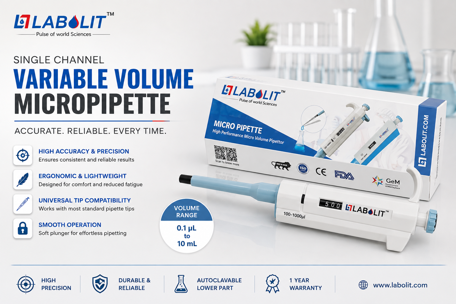 Single Channel Variable Volume Micropipette Manufacturer in India | LABOLIT 1 Single Channel Variable Volume Micropipette